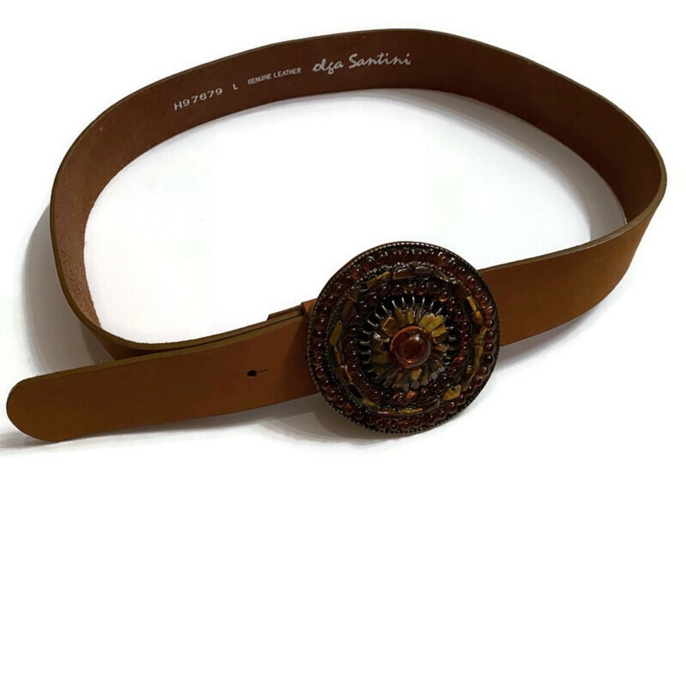 OLGA SANTINI BELT NEW BROWN LEATHER FIRE CIRCLE BUCKLE ADJUSTABLE NWT SIZE L
